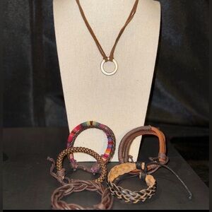 Brown Leather Necklace with Silver Ring Pendant, random leather bracelet bundle